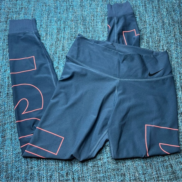 Nike Power Legend Training Leggings in Blue Coral JUST DO IT logo - Picture 1 of 7